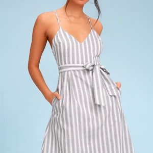 Lulu's Nelson Black and White Striped Midi Dress Summer Medium Gray Stripe